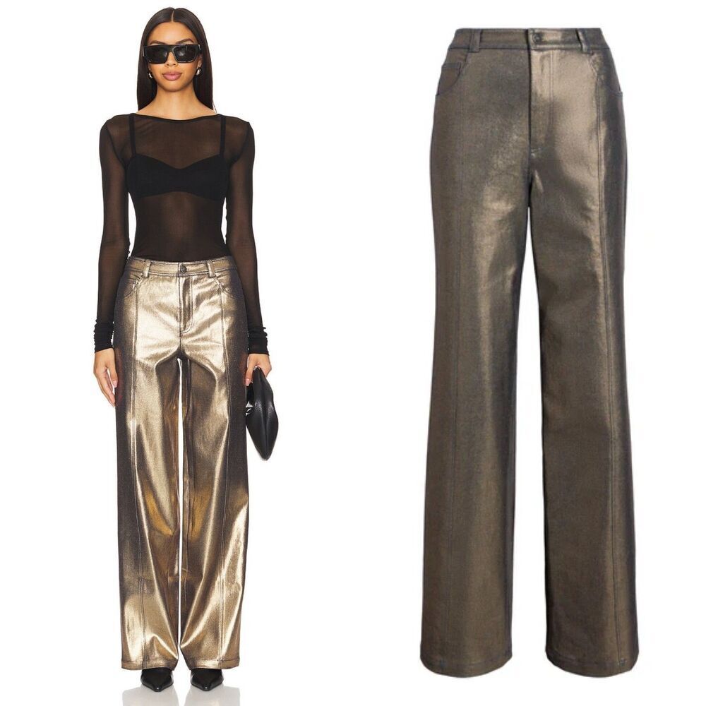 Cinq a Sept Women Size 2 Gold Coated Francine Wide Leg Pants NEW Formal Modern